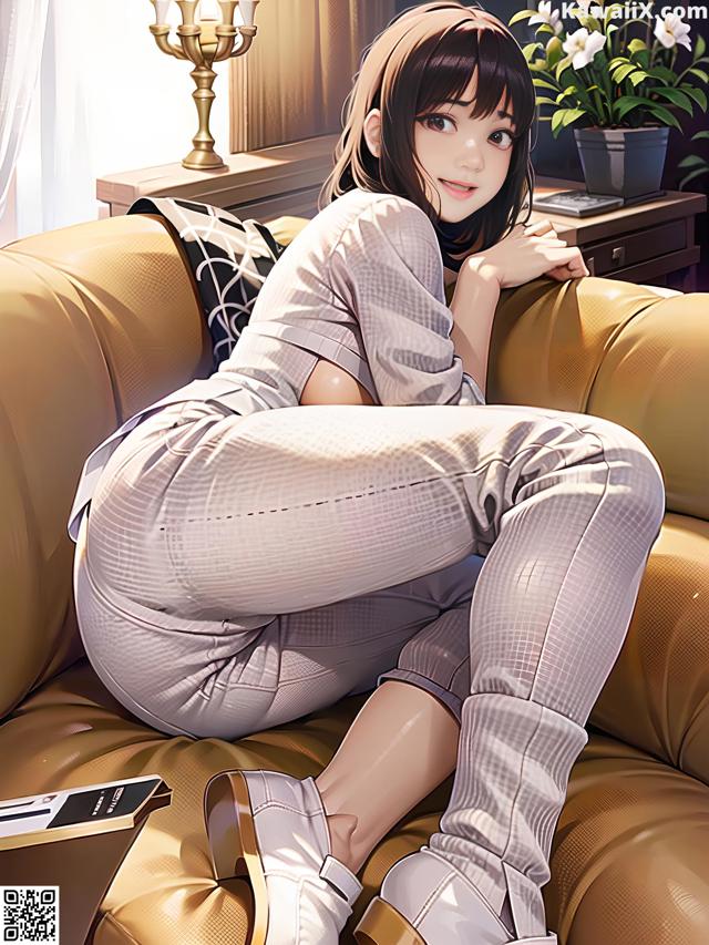 A woman sitting on a couch with her legs crossed.