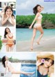 A collage of photos of a woman in a bikini and hat.