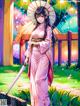 A woman in a pink kimono holding a sword.