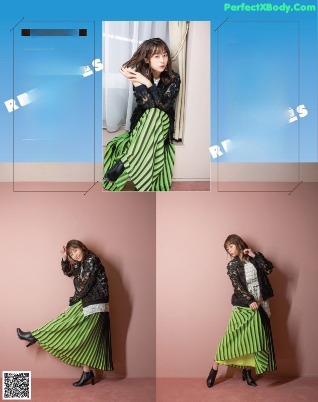 A woman in a black top and green skirt posing for a magazine.