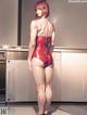 A woman in a red bathing suit standing in a kitchen.